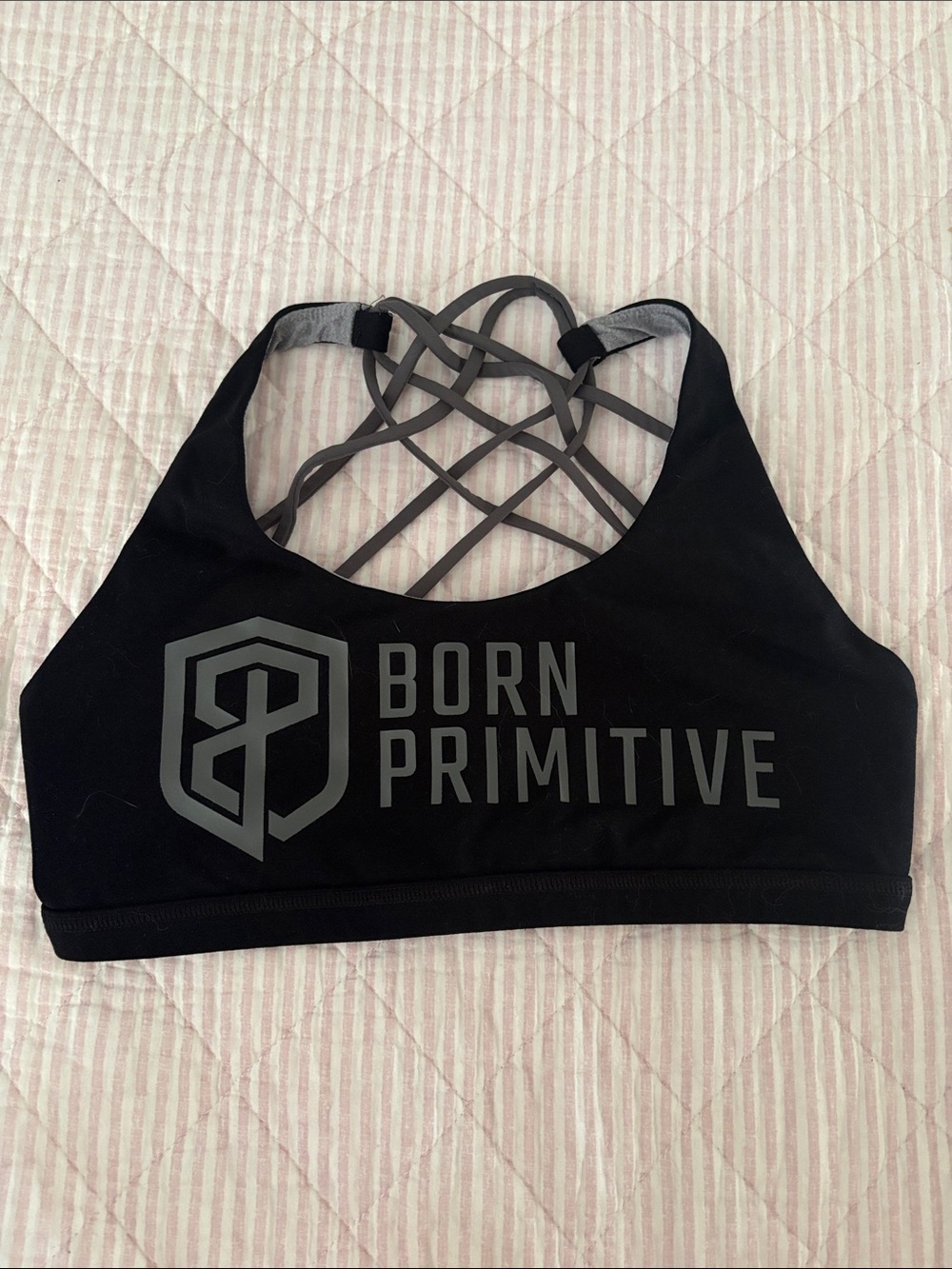 Born Primitive Black Sports Bra with Gray Logo and Lattice Back